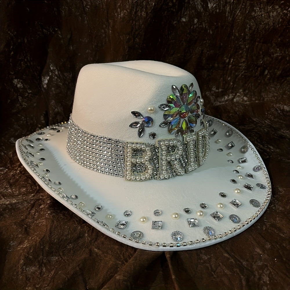 Women Bride Cowboy Hat Wide Brim Bridal Felt Hat Rhinestone Western Fedora Cap