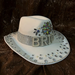 Women Bride Cowboy Hat Wide Brim Bridal Felt Hat Rhinestone Western Fedora Cap