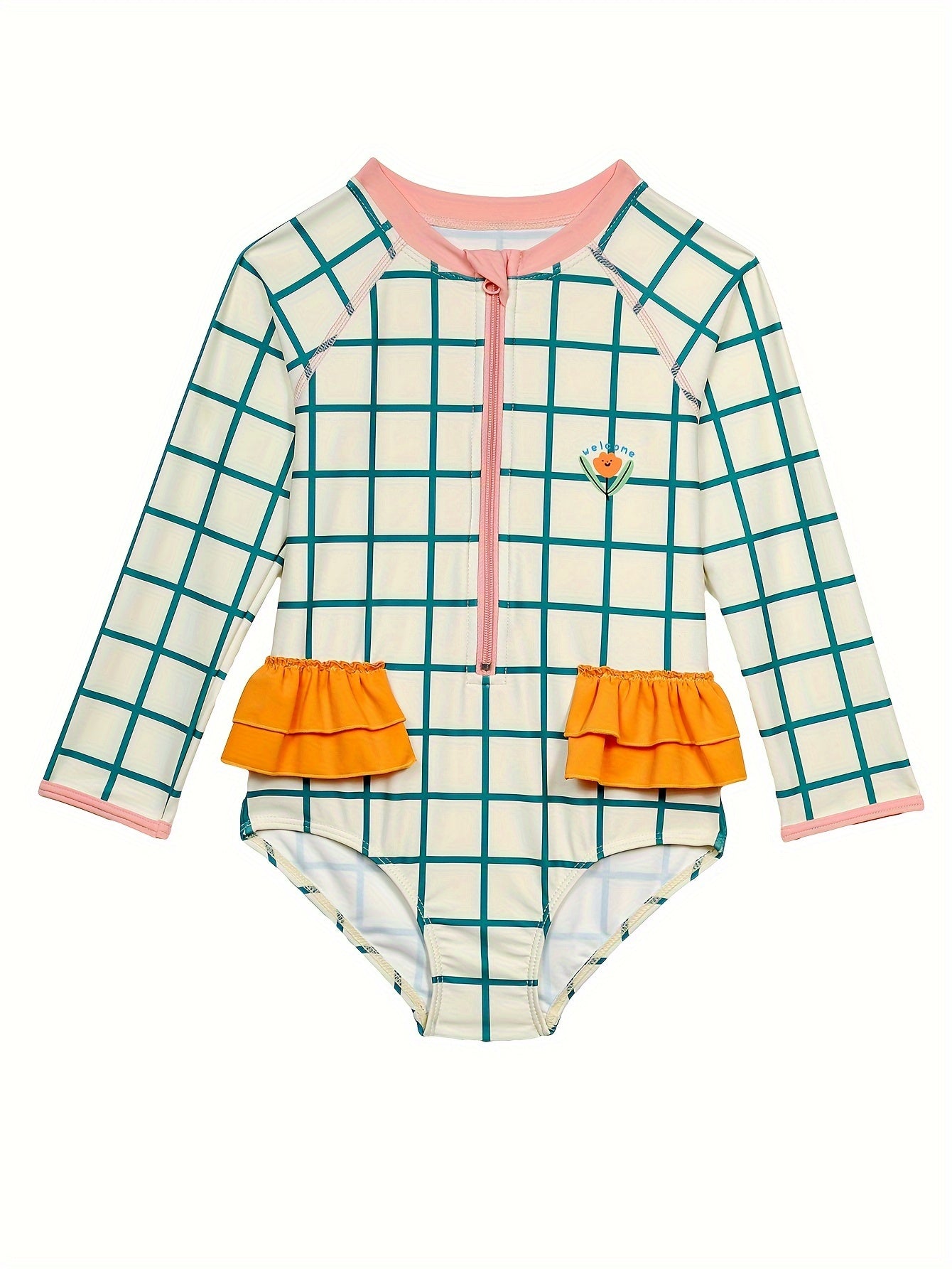 Sun Protection Plaid Long Sleeve 1 piece Swimsuit Girls Ruffle Trim Bathing Suit