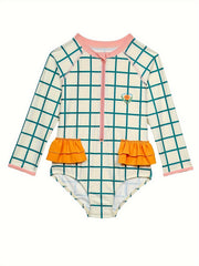 Sun Protection Plaid Long Sleeve 1 piece Swimsuit Girls Ruffle Trim Bathing Suit