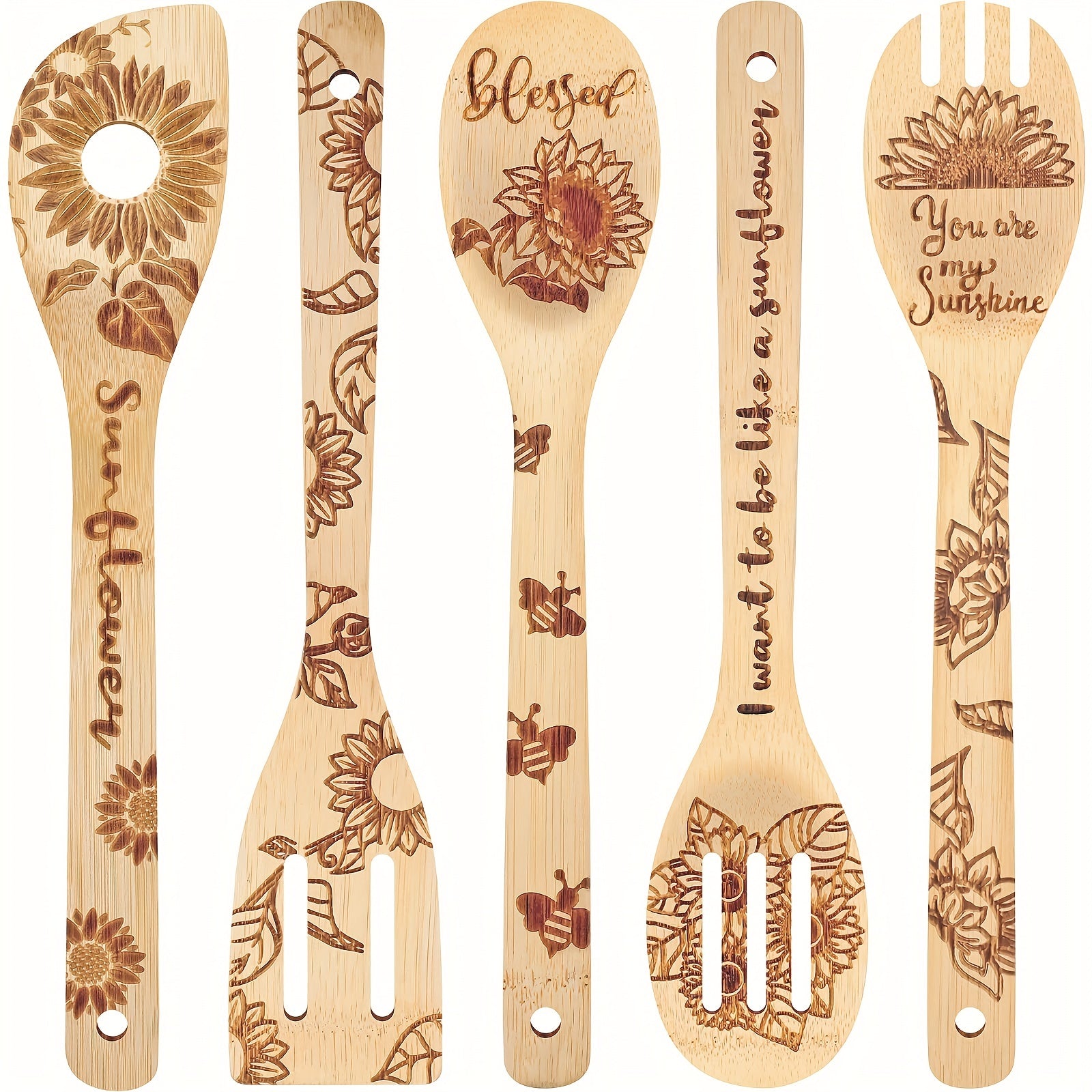 5pcs Sunflower Bamboo Utensils Set, Halloween Decorative Wooden Cooking Tools