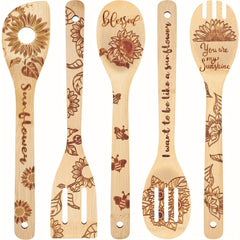5pcs Sunflower Bamboo Utensils Set, Halloween Decorative Wooden Cooking Tools