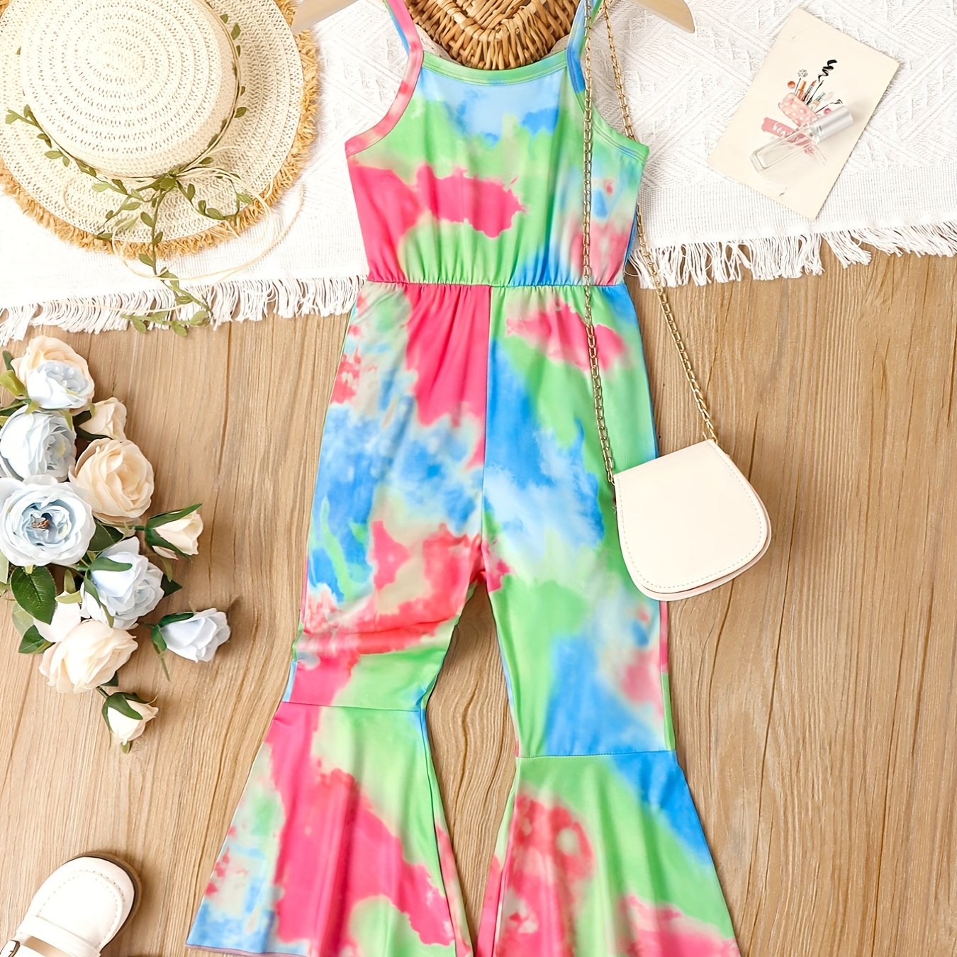 Toddler Girls Tie Dye Cami Romper Jumpsuit Splicing Flared Casual Vacation Party