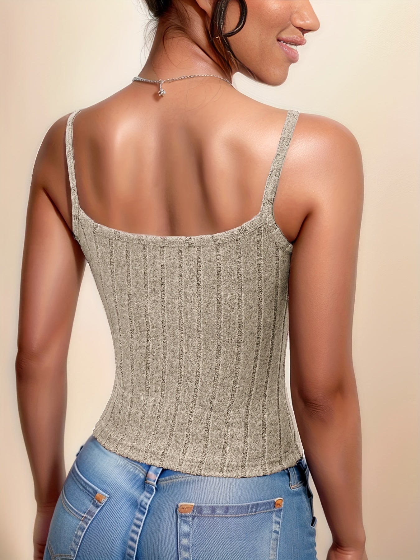 Solid Ribbed Spaghetti Strap Top Sleeveless Cami Top For Summer