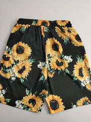 Sunflower Print Shorts Elastic Waist Summer Shorts Women's Clothing
