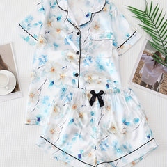 Flower Print Pajamas Set Short Sleeve Buttons Top And Shorts Pj Set