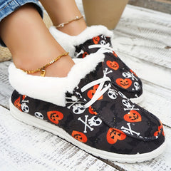 Women's Halloween Pumpkin & Skull Printed Plush Sneakers