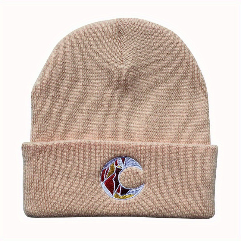 Crescent Embroidery Beanie Knit Hat Unisex Warm Lightweight