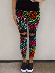 Colorful Leopard Leggings Sexy Lace High Waist Slim Long Length Leggings