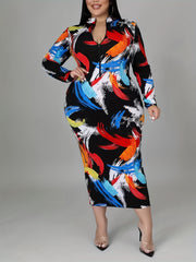 Women's Plus Feather Print Zip Up Mock Neck Long Sleeve Slim Fit Midi Dress
