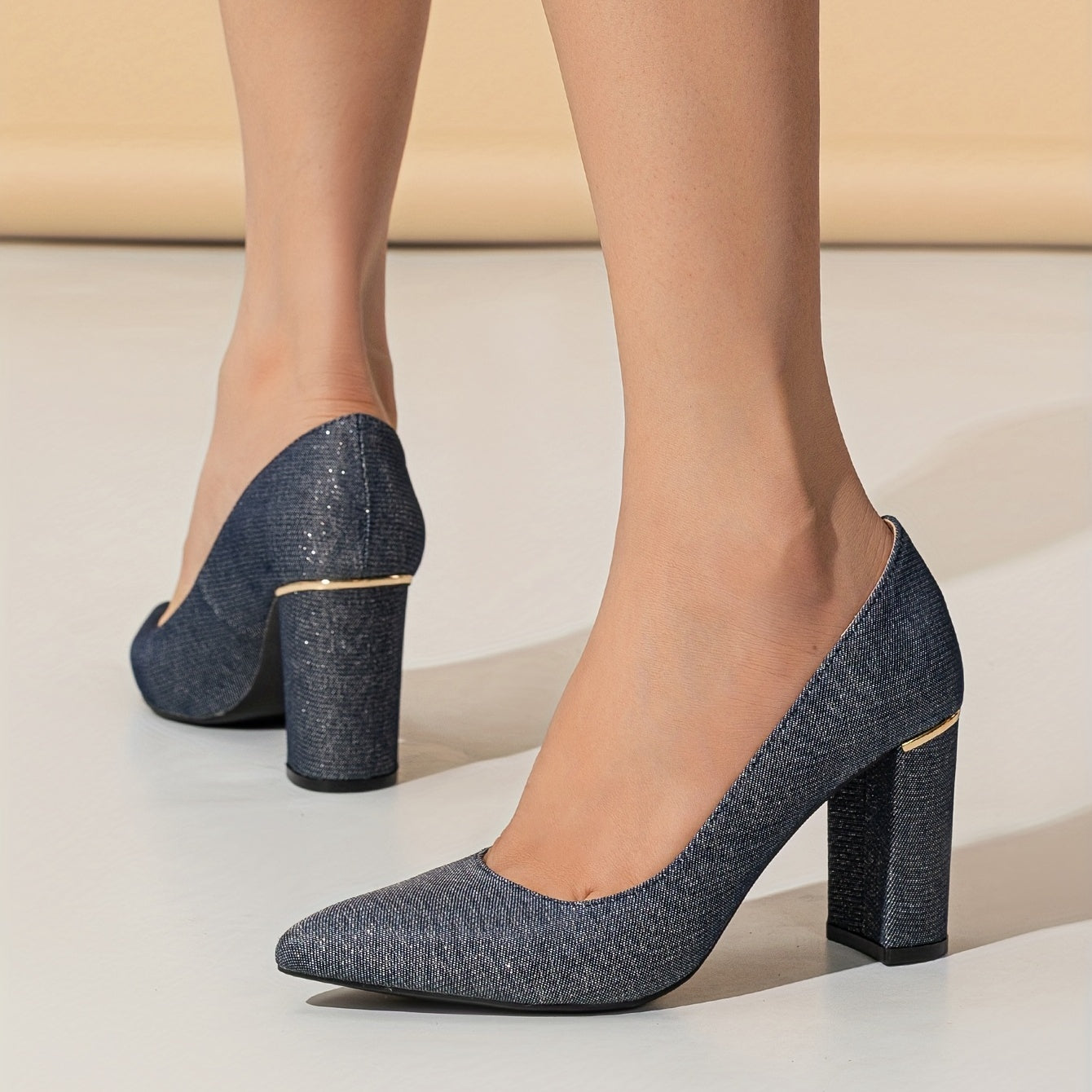 Metallic Block Heels Point Toe Dress Pumps Slip On Heels