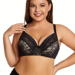 Sexy Bra Women's Plus Floral Jacquard Contrast Lace Semi Sheer Bra