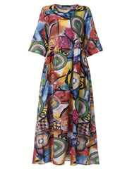 Boho Dress Abstract Print Half Sleeve Round Neck Maxi Dress