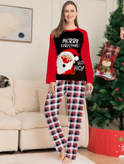 Christmas Print Pajama Set Long Sleeve Top & Plaid Pants Sleepwear