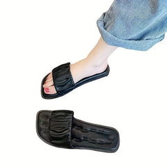 Women's Ruched Band Flat Slides Square Open Toe Sandals