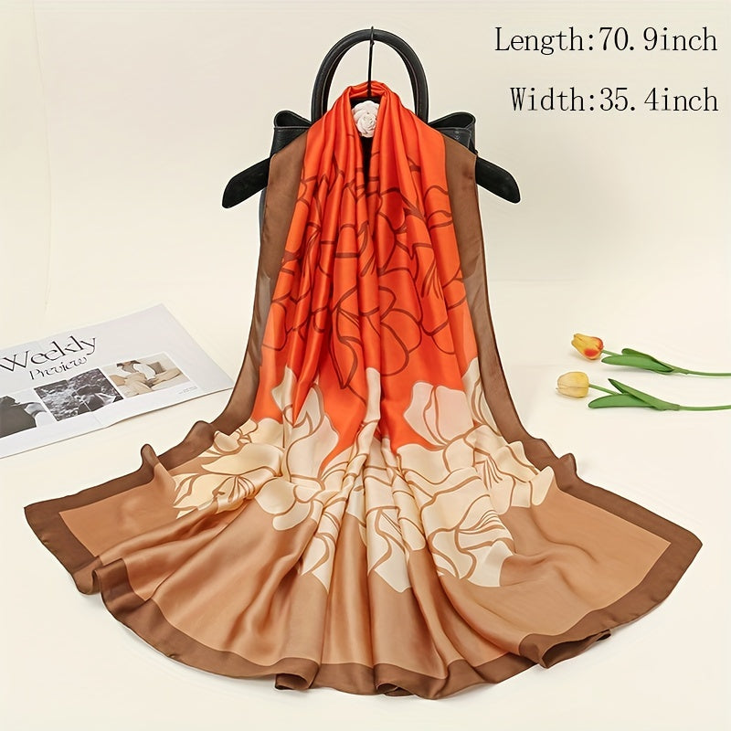 Big Flower Print Scarf Silk Shawl Red Ka...