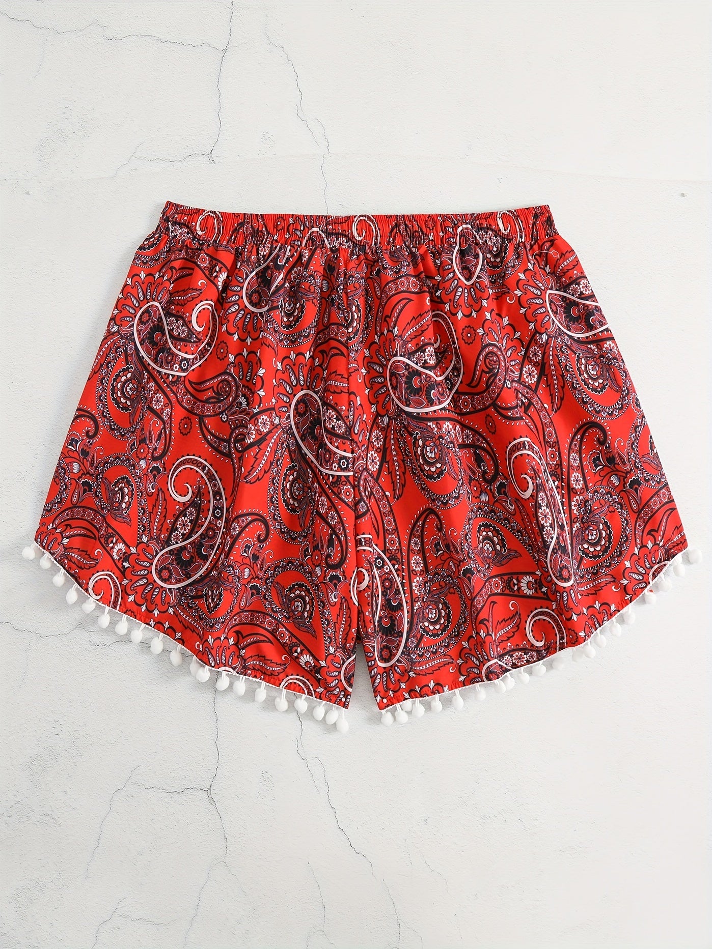 Boho Shorts Women's Plus Paisley Print Pompom Trim Elastic Vacay Short