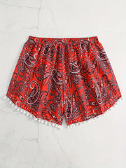Boho Shorts Women's Plus Paisley Print Pompom Trim Elastic Vacay Short