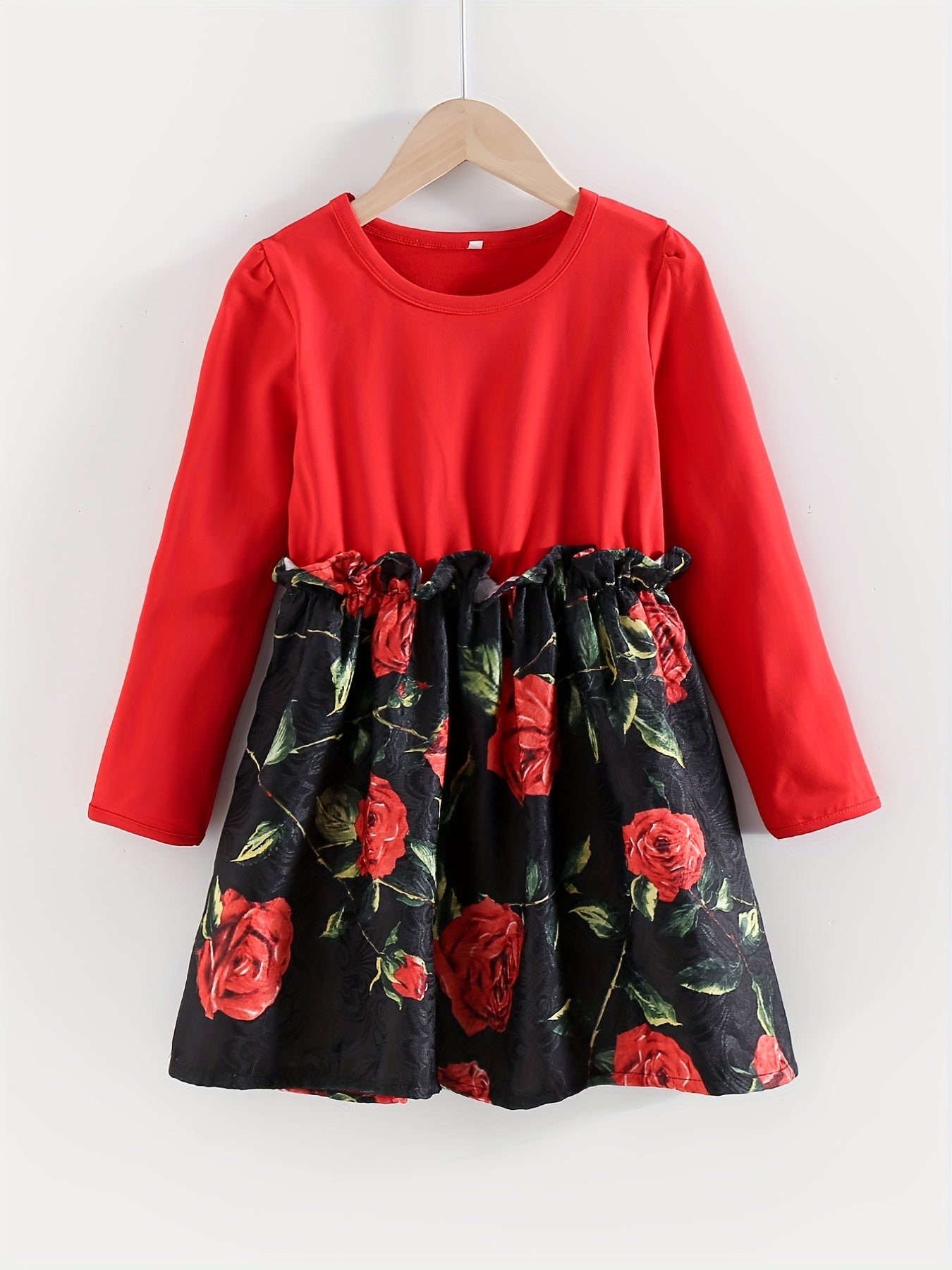 Girls Rose Print Stitching Dress for Party