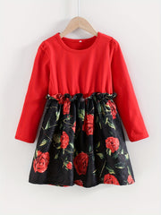 Girls Rose Print Stitching Dress for Party