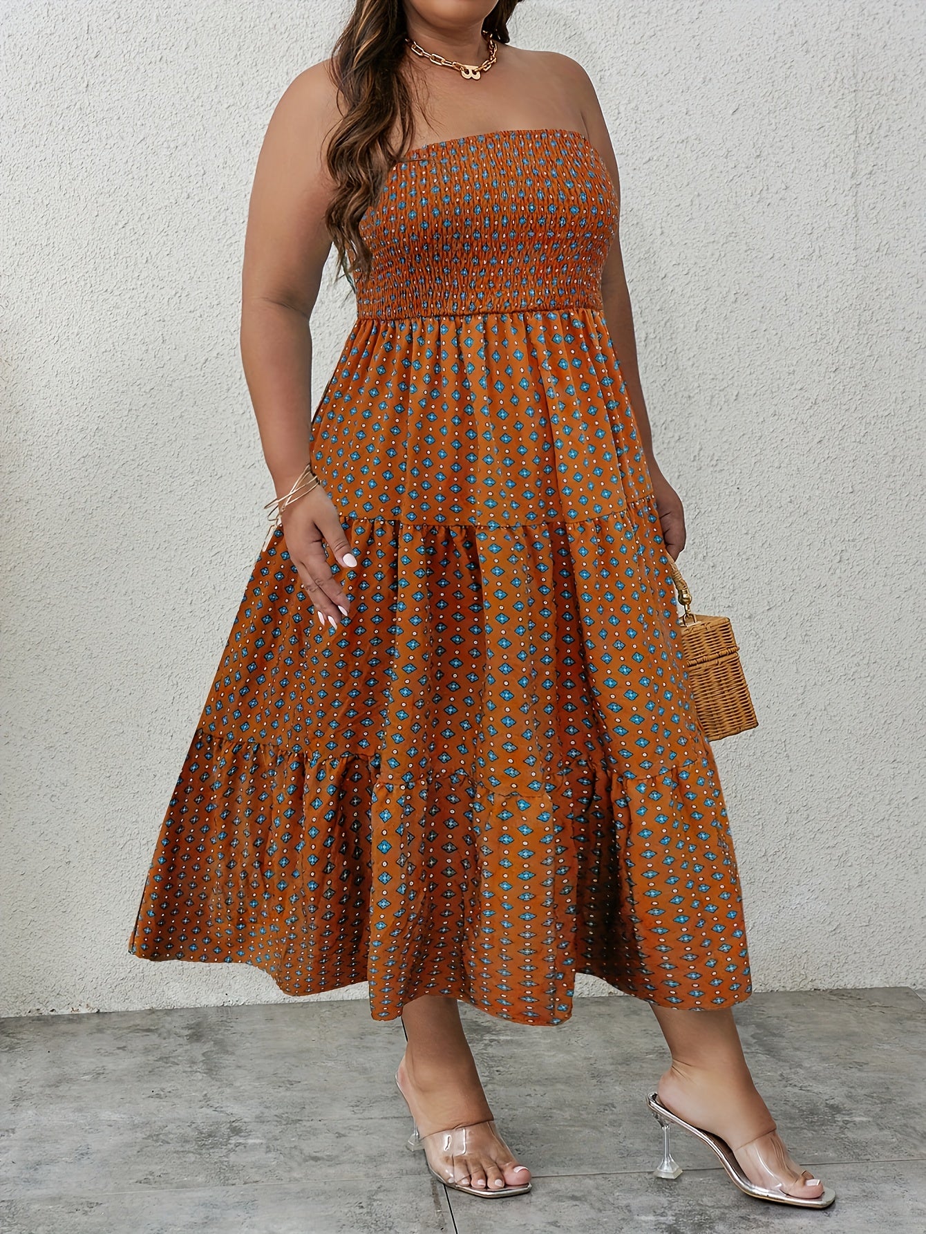 Boho Dress Women's Plus Allover Print Smock Tube Dress