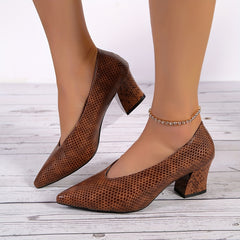 Women's Snakeskin Chunky Heel Shoes Point Toe Dress Pumps