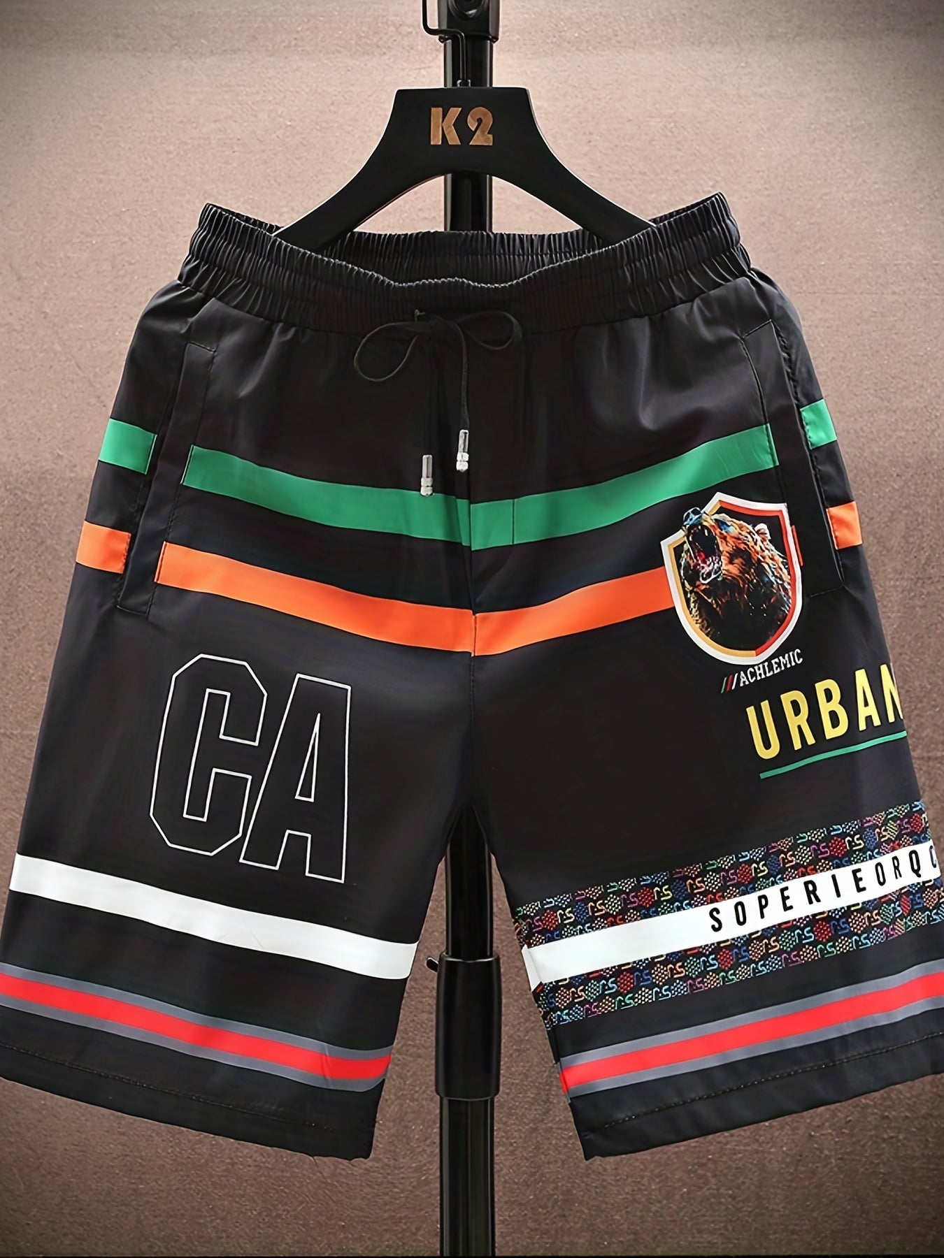 Bear Pattern Letter Print Striped Quick Drying Shorts
