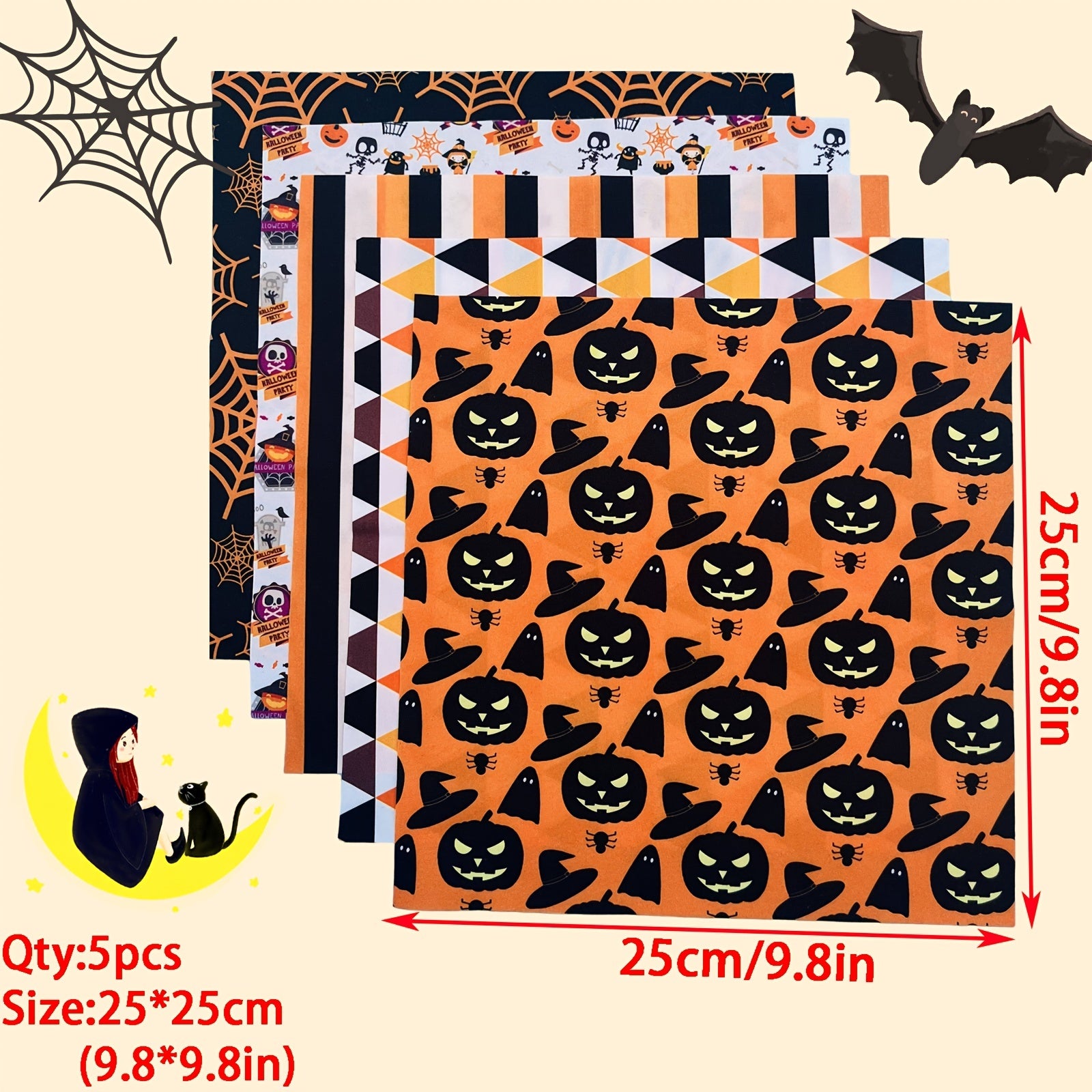 5pcs Halloween Polyester Fabric For Quilting Sewing DIY Craft