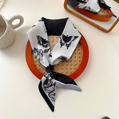 Vintage Butterfly Print Twilly Scarf Satin Neckerchief French Style Hair Ribbon