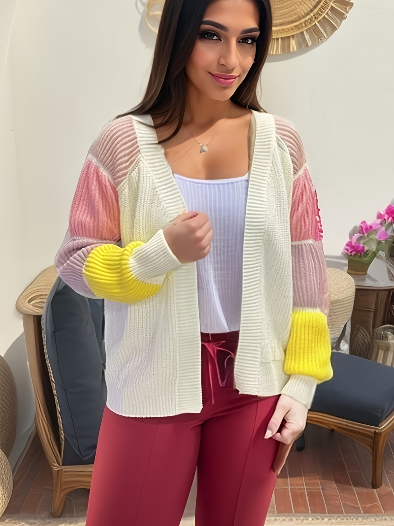Block Knit Cardigan Open Front Lantern Sleeve Casual Sweater For Winter
