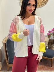 Block Knit Cardigan Open Front Lantern Sleeve Casual Sweater For Winter