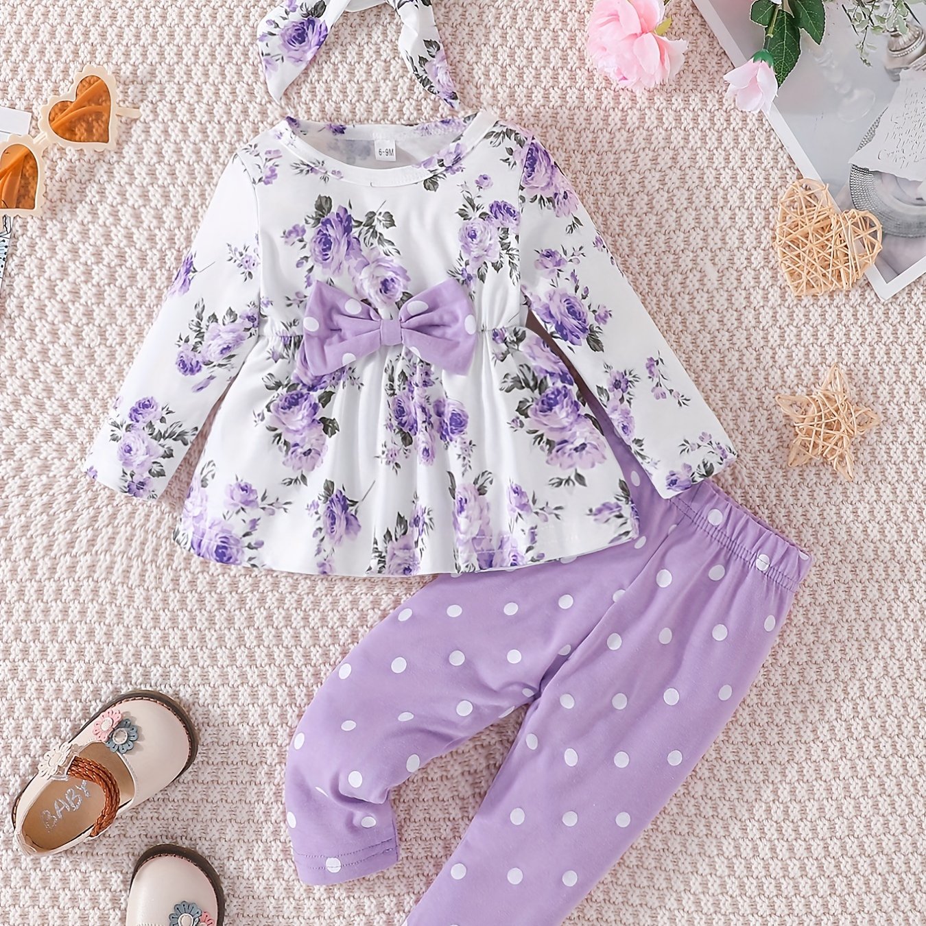Baby Girls Floral Print Top & Pants Set For Spring And Autumn