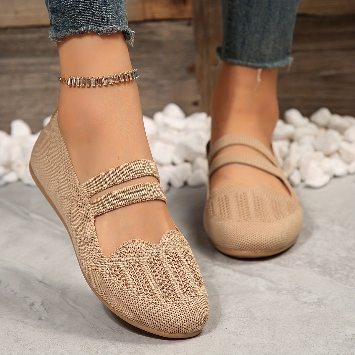 Women's Mary Janes Knitted Mesh Flat Shoes Lightweight Summer Shoes
