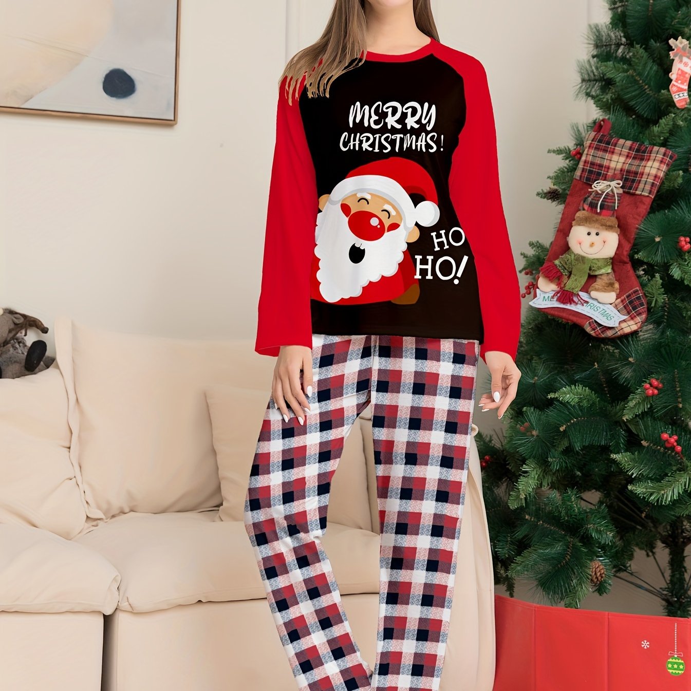 Cartoon Christmas Print Pajama Set Long Sleeve Crew Neck Top & Plaid Pants