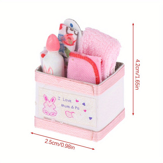 1:12 Scale Plastic Dollhouse Accessories Set with Storage Basket Pink and Teapot