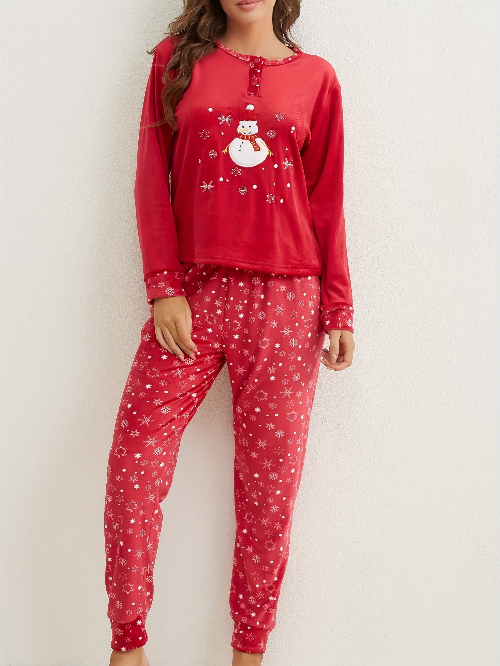 Snowflake Print Christmas Pajama Set Long Sleeve Top & Pants