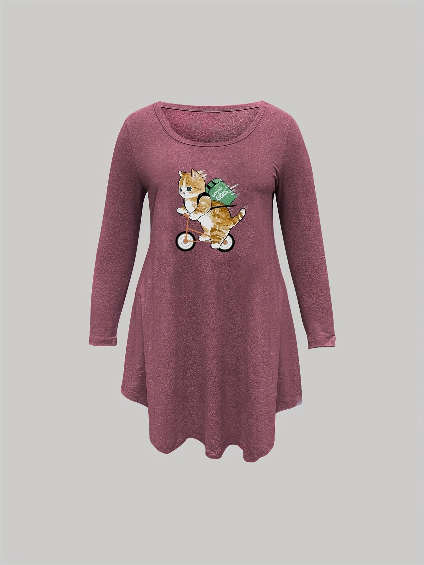 Casual Nightdress Women's Plus Cat Print Long Sleeve Sleep Dress