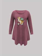 Casual Nightdress Women's Plus Cat Print Long Sleeve Sleep Dress
