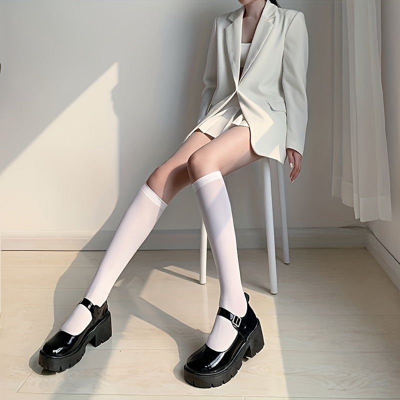2 Pairs Solid Calf Socks College Style Knee High Women's Stockings