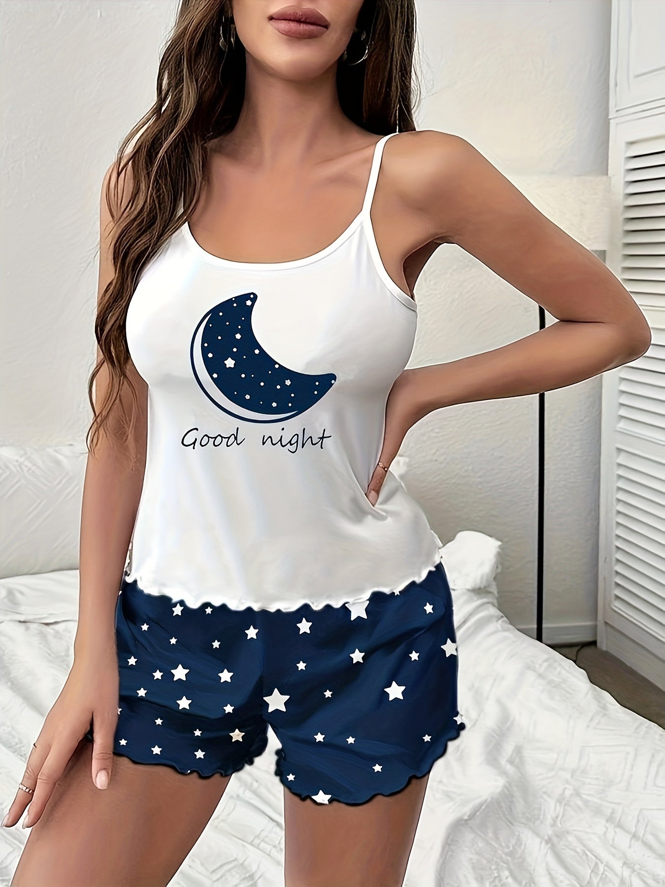 Moon & Starry Print Pajama Set Cami Top & Shorts