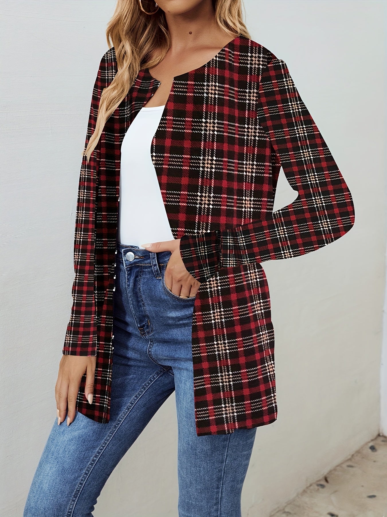Plaid Print Open Front Jacket Long Sleeve Outerwear