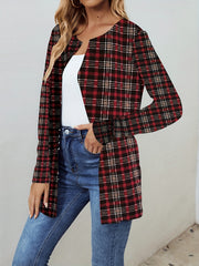 Plaid Print Open Front Jacket Long Sleeve Outerwear