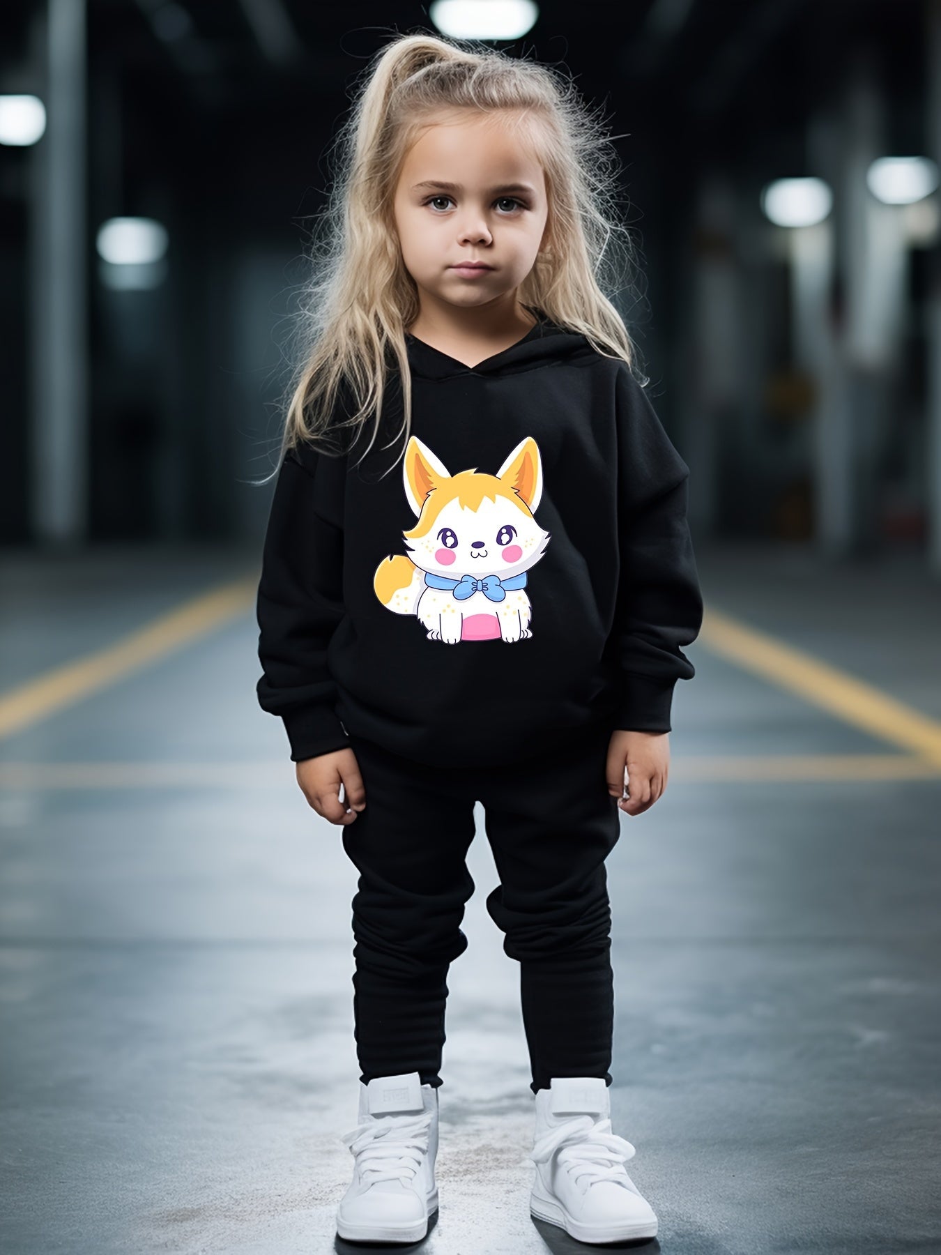 2pcs Kitty Print Hoodies Pants Set For Kids Spring Fall Sports