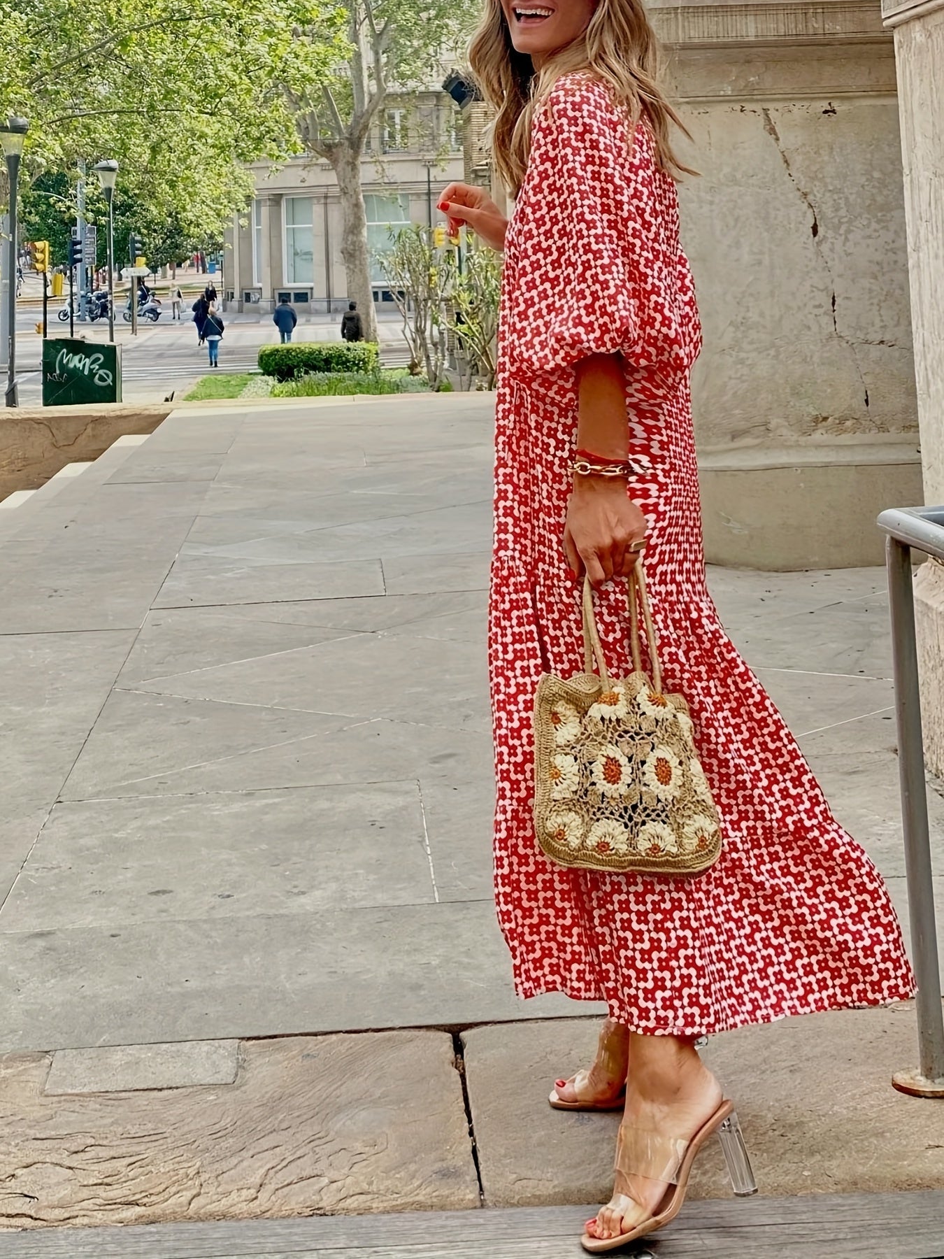 Vacation Tiered Maxi Dress Lace Up Neckline Casual Dress