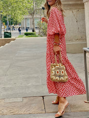 Vacation Tiered Maxi Dress Lace Up Neckline Casual Dress