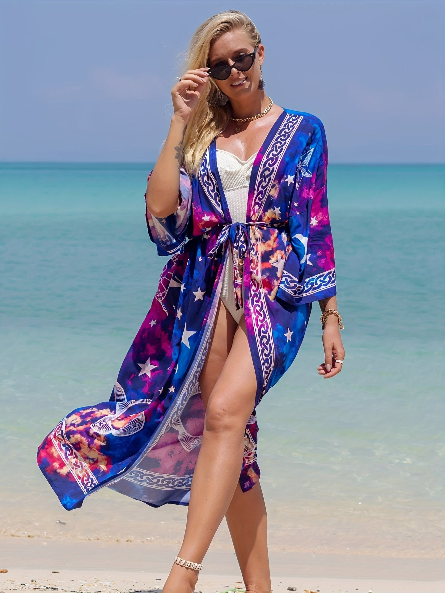 Tie Dye Batwing Cover Up V Neck Loose Fit Beach Cover Up