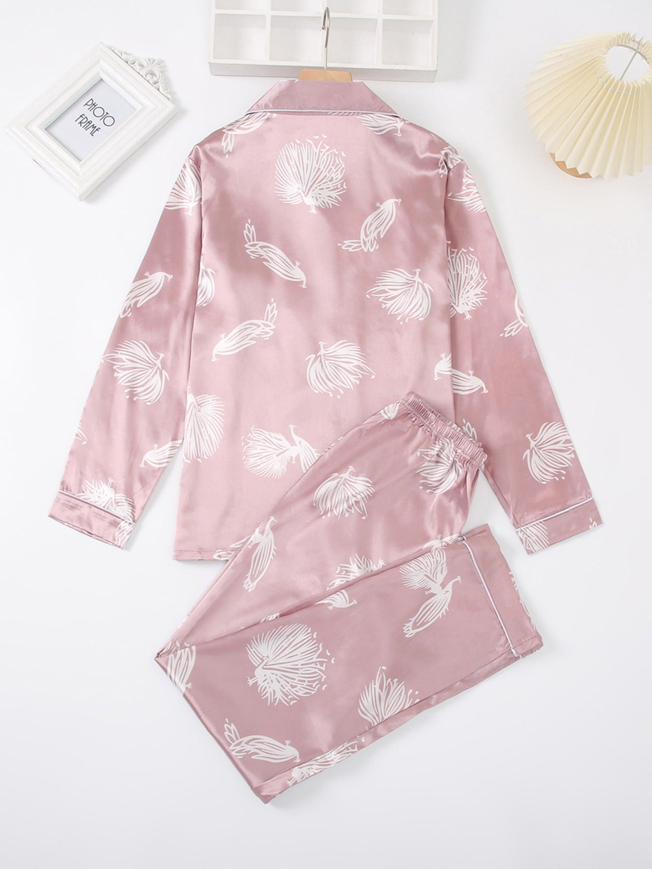 Satin Floral Print Pajama Set Long Sleeve Tops & Pants