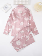 Satin Floral Print Pajama Set Long Sleeve Tops & Pants