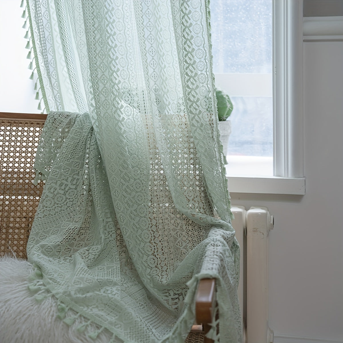 Green Translucent Curtain Rural Hollow Boho Macrame Tassels Window Drapes