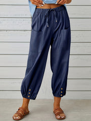 Solid Drawstring Cropped Pants Casual Elastic Waist Pants